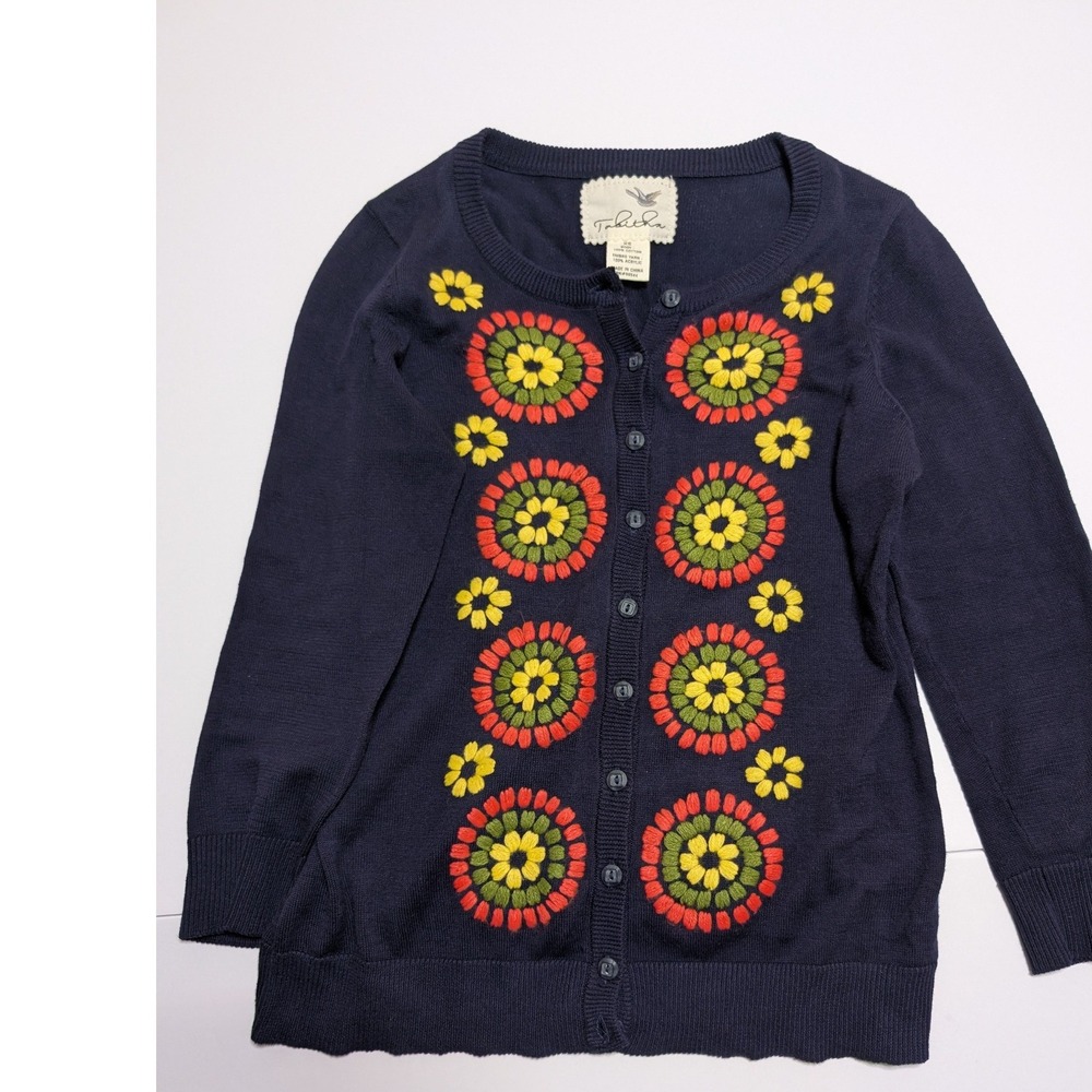 Anthropologie Tabitha Navy Blue Floral Embroidered Button Front‎ Cardigan XS